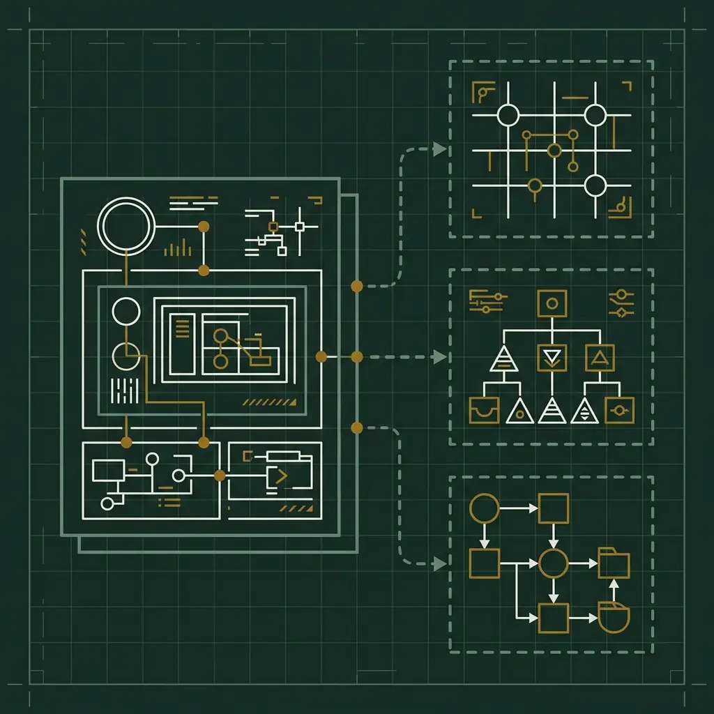 A solid-outlined model of nested elements on the left, with dashed arrows
                  leading to three dashed-outline panels: a grid of linked nodes, a hierarchy
                  of typed shapes, and a flow of boxes joined by arrows.